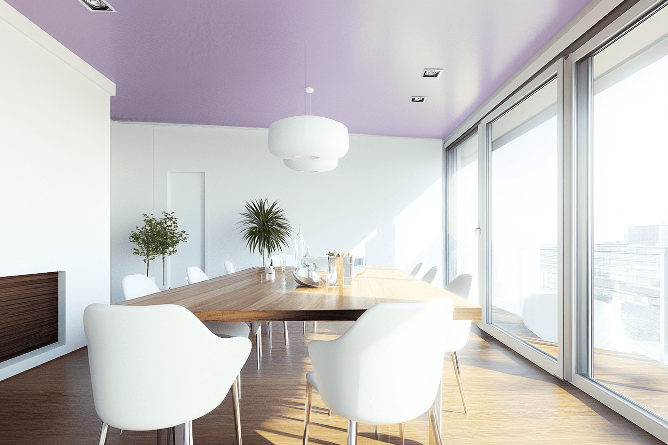 Salle à manger moderne avec plafond parme et mobilier épuré.