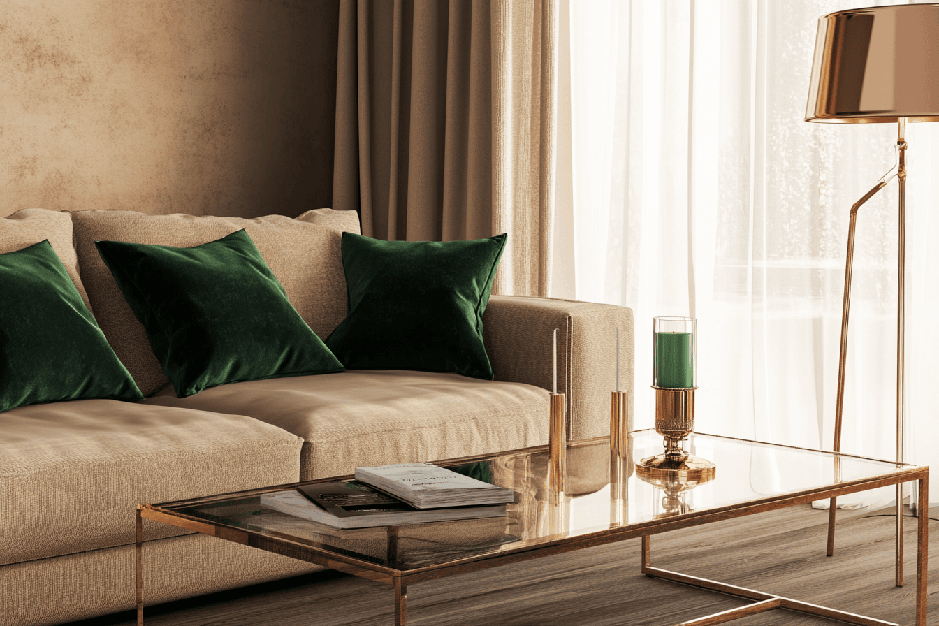 Salon avec des accessoires bronze cuivrés et des coussins verts sur un canapé beige.