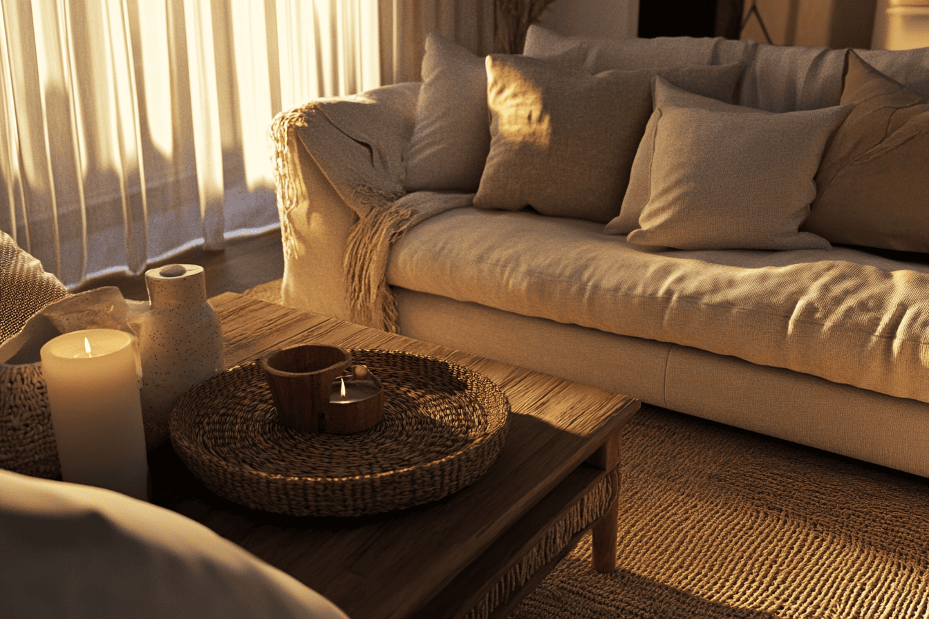 Salon chaleureux avec canapé beige, tapis en jute et meubles en bois naturel