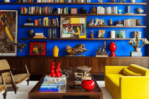 Salon audacieux avec un mur bleu Klein, une bibliothèque en bois marron et des touches de couleurs vives.