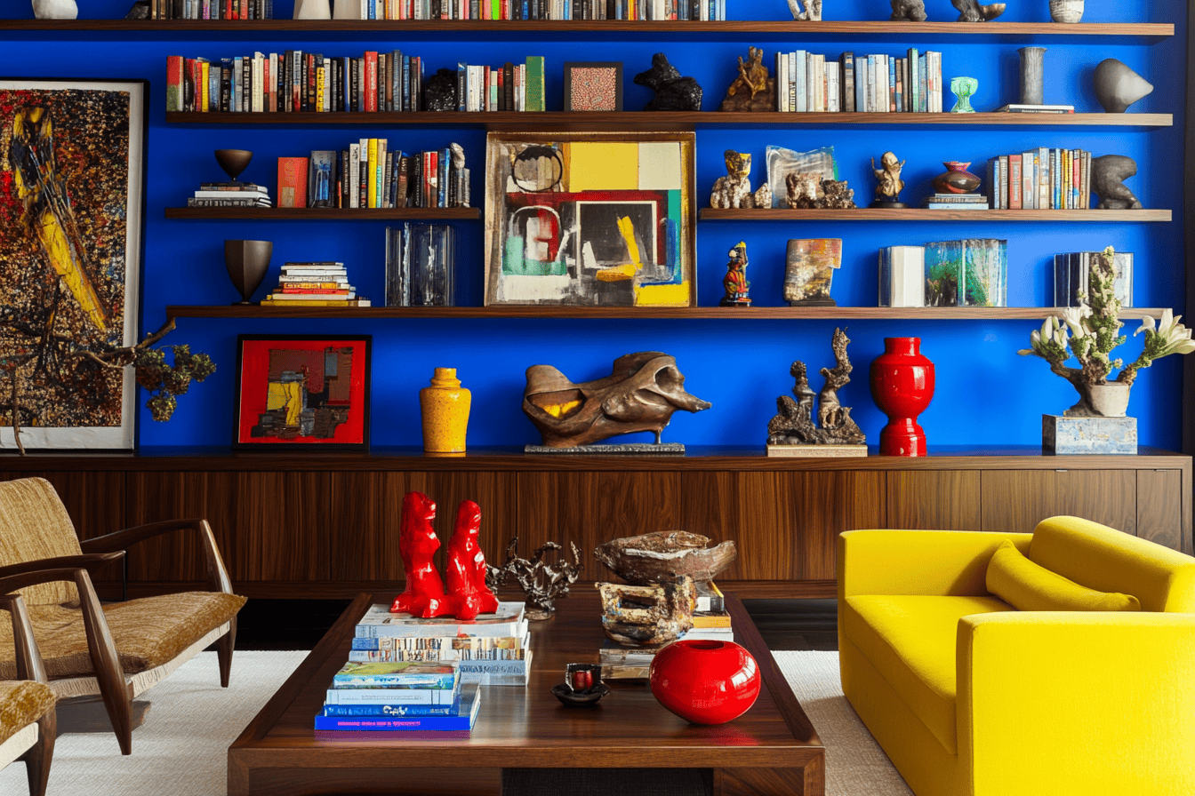 Salon audacieux avec un mur bleu Klein, une bibliothèque en bois marron et des touches de couleurs vives.