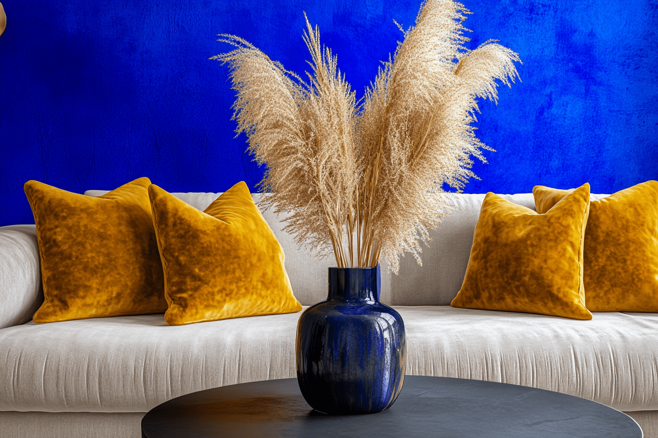 Mur bleu vif avec canapé gris clair et coussins jaune moutarde dans un salon contemporain