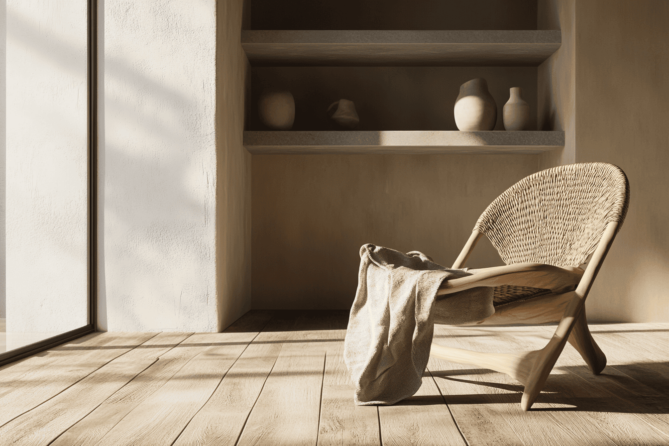 Salon Wabi-Sabi avec parquet bois brut, béton sculpté et chaise en bambou