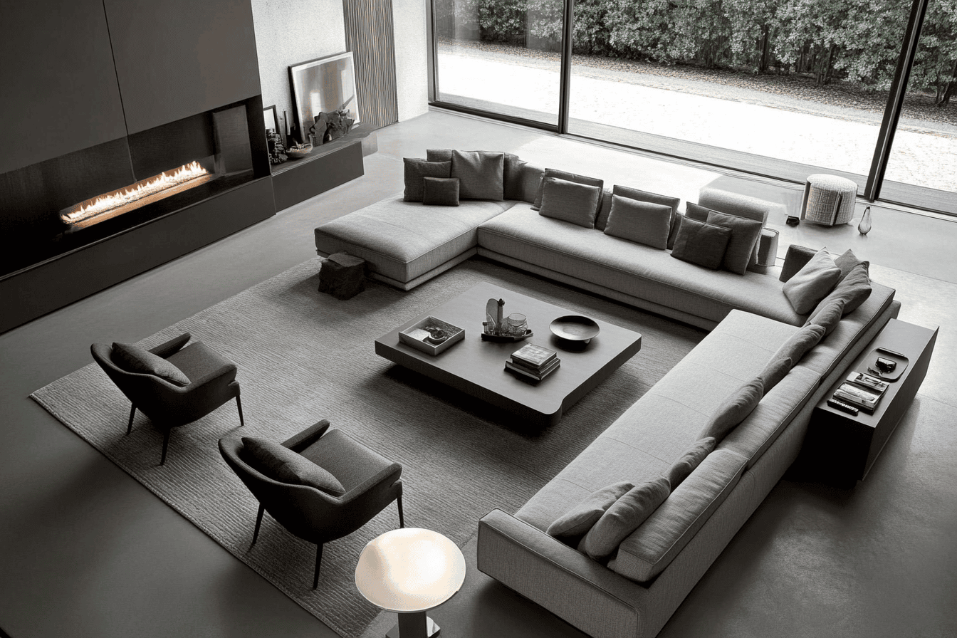 Un salon moderne avec un canapé gris orienté vers une cheminée et entouré de fauteuils assortis, créant un espace convivial et accueillant.