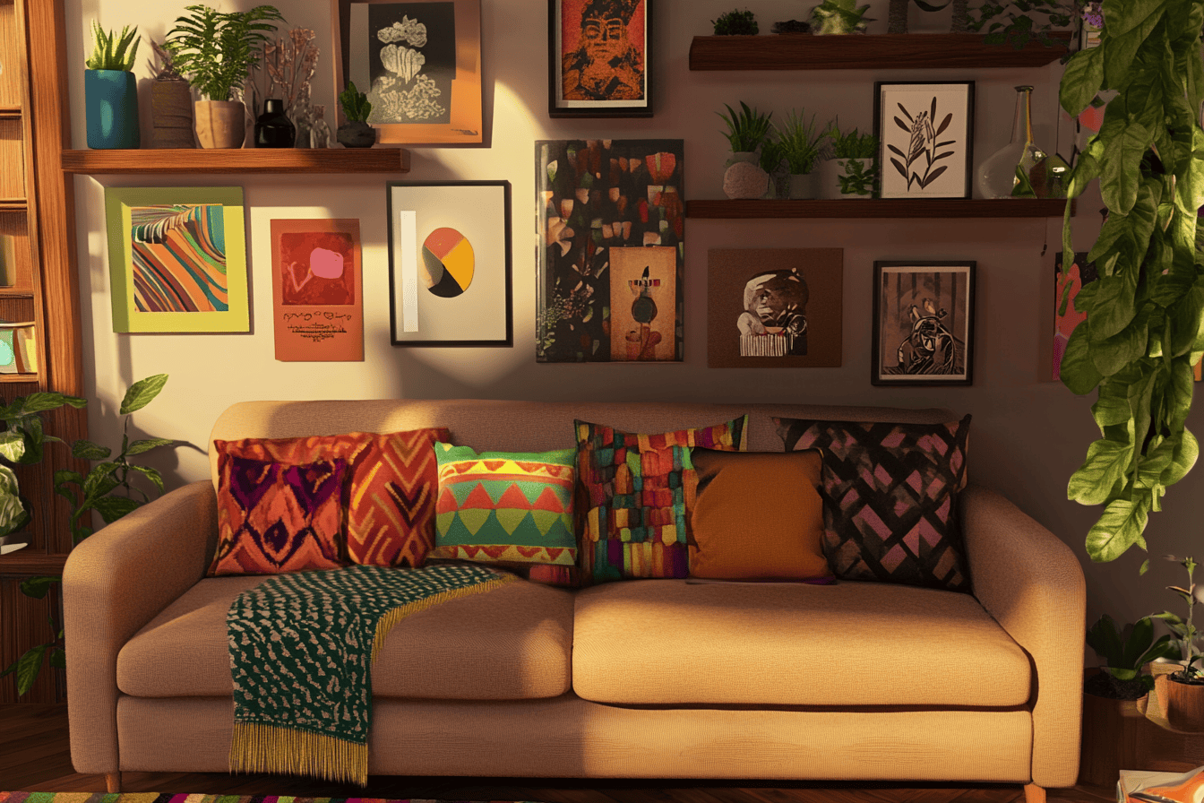 Un salon cosy avec un canapé garni de coussins colorés, un mur décoré de tableaux et des plantes disposées sur une étagère en bois.