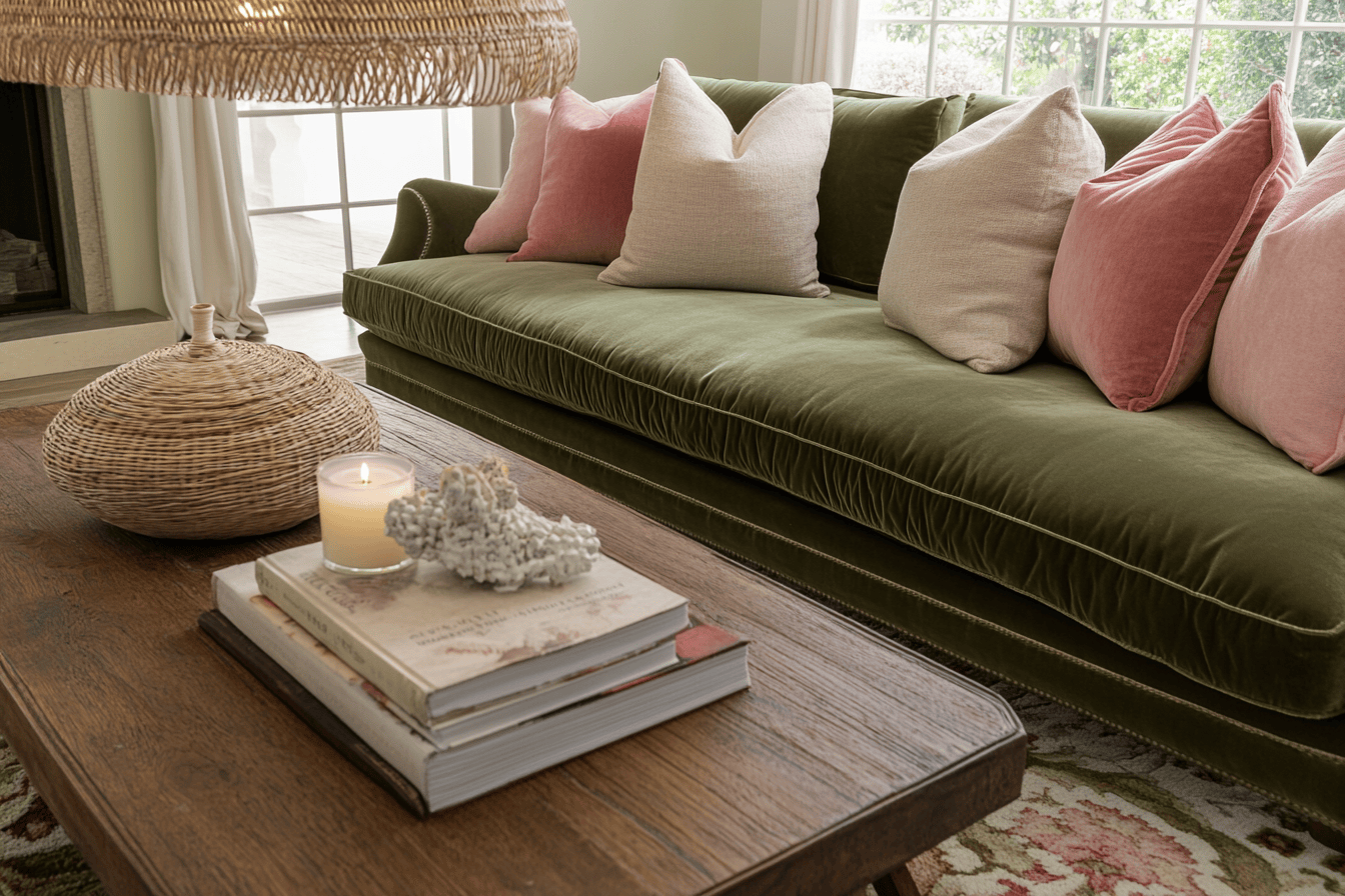 Salon cocooning avec tapis berbère, canapé en velours et coussins pastel