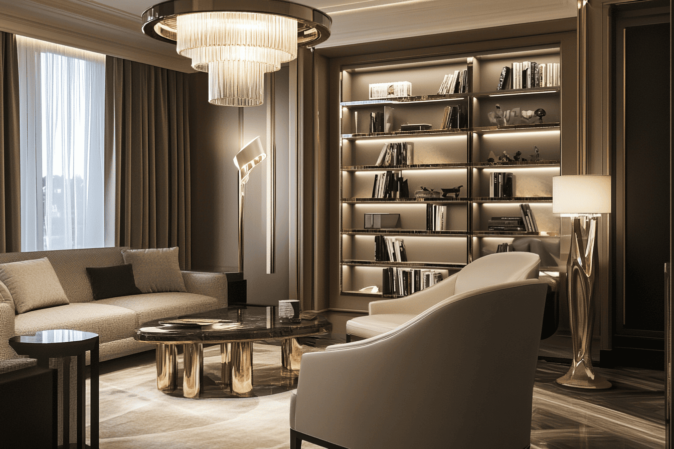 Un salon éclairé par une suspension moderne, des lampes d’appoint et un lampadaire élégant près du canapé.