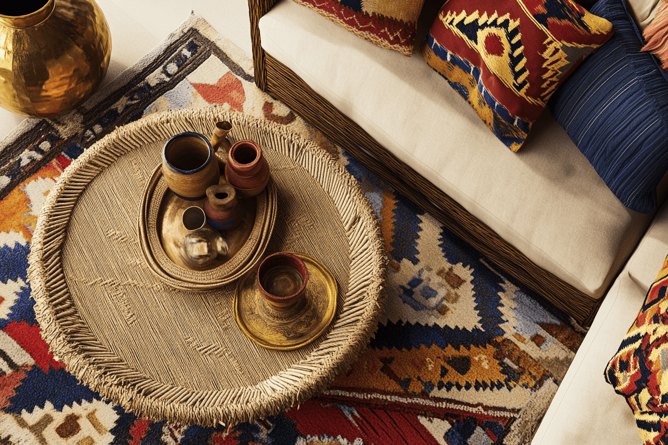 Salon ethnique avec tapis berbère, table en rotin et coussins colorés