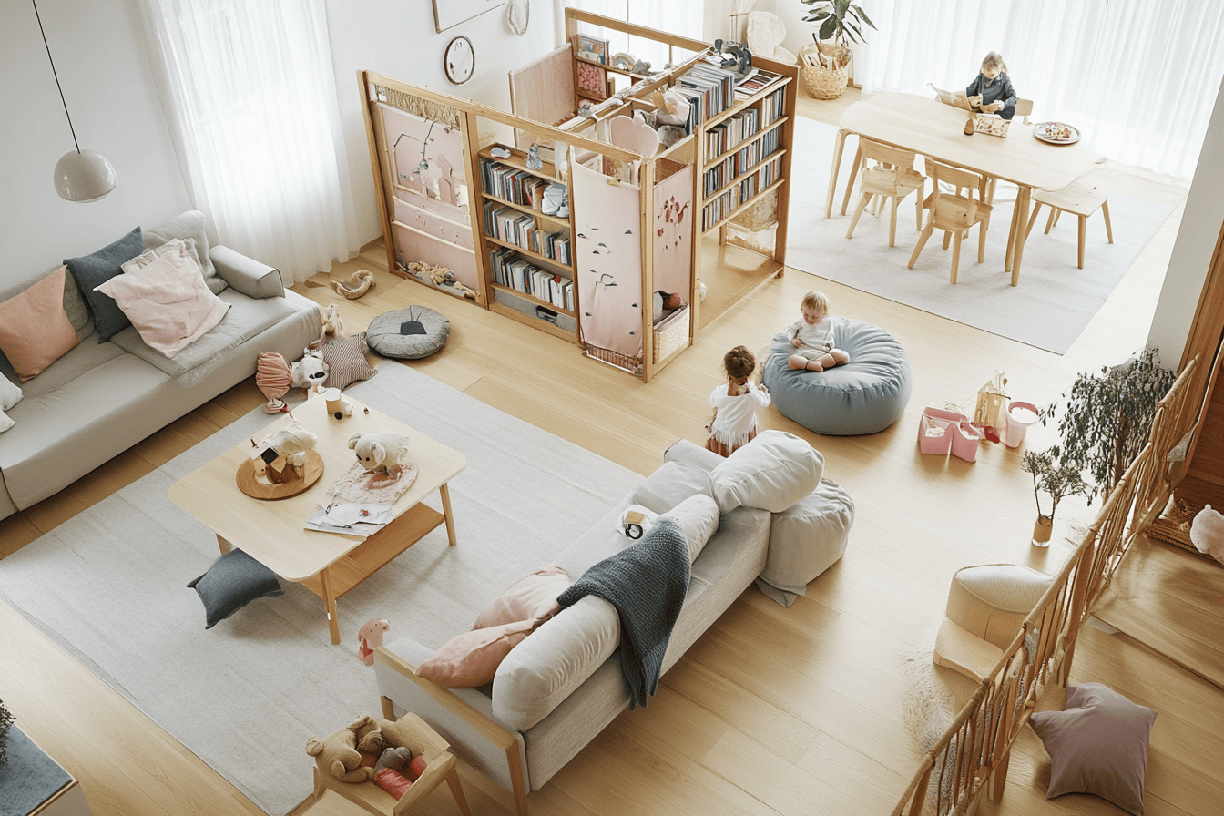 Un salon familial avec un coin jeux pour enfants, des meubles multifonctions et un espace repas adjacent.