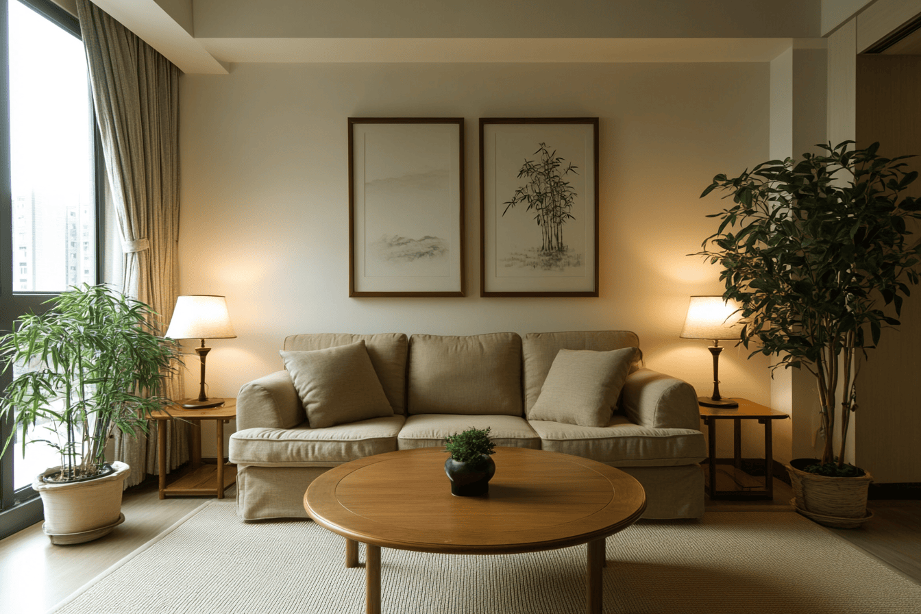 Salon Feng Shui chaleureux avec canapé beige, table en bois et lampes d’ambiance.