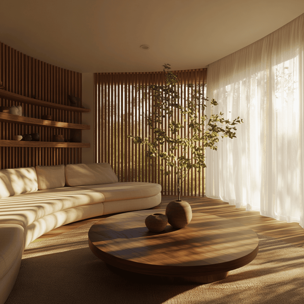 Salon équilibré selon le Feng Shui, avec mobilier arrondi et éclairage tamisé.