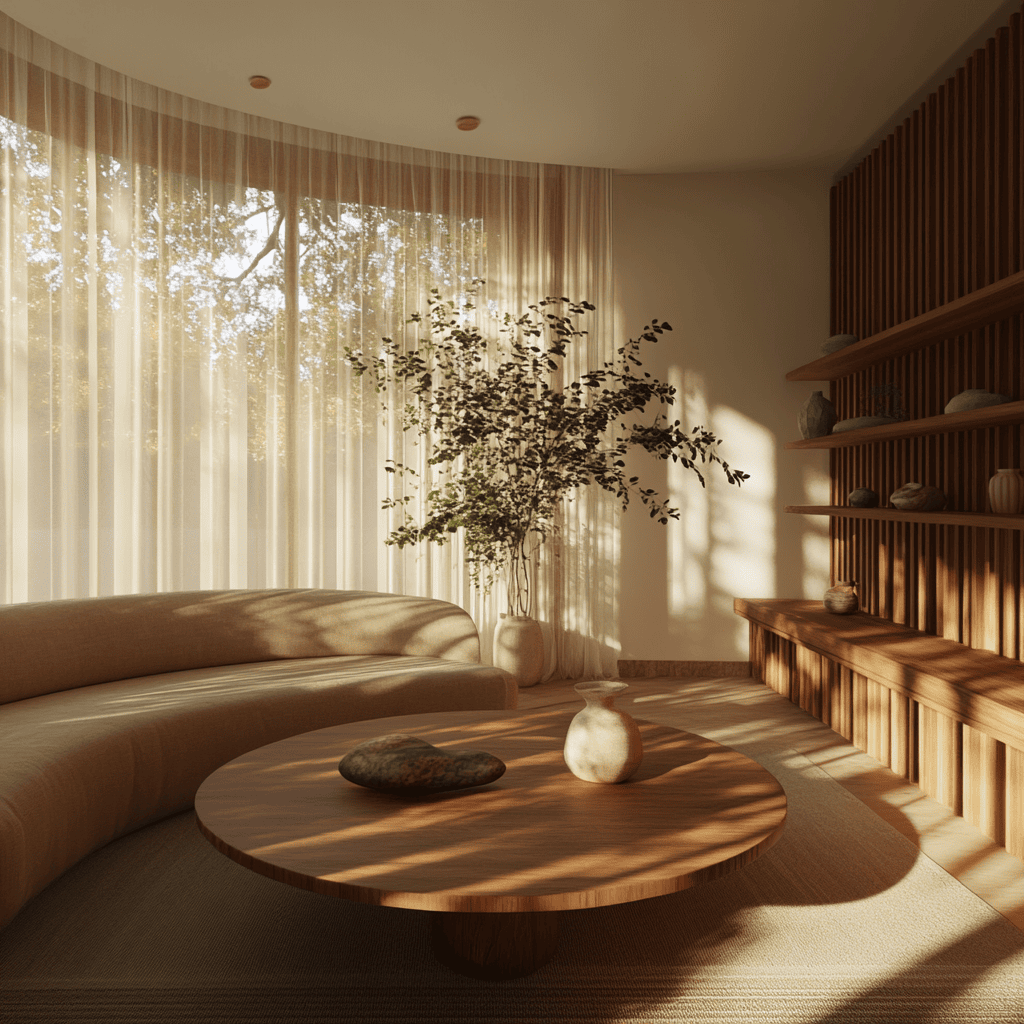 Salon équilibré selon le Feng Shui, avec mobilier arrondi et éclairage tamisé.