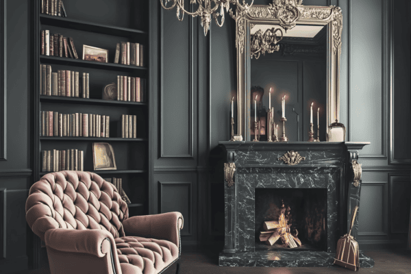 Salon victorien moderne avec murs gris anthracite et boiseries crème contrastantes
