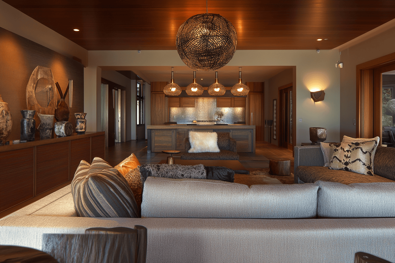 Un salon harmonieux avec un canapé central, un éclairage bien pensé et des touches décoratives personnalisées, créant une ambiance chaleureuse et moderne.