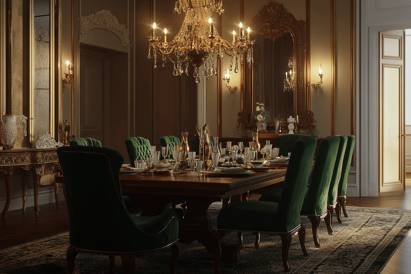 Salon avec un lustre en bronze antique suspendu au-dessus d’une table en bois foncé.