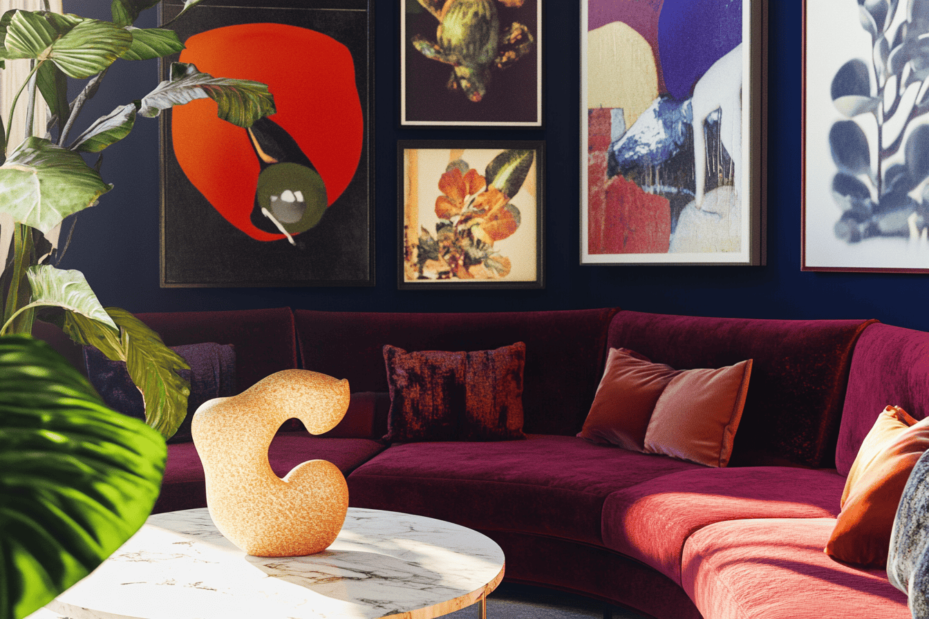 Salon maximaliste avec canapé rouge en velours, œuvres murales et plantes exotiques