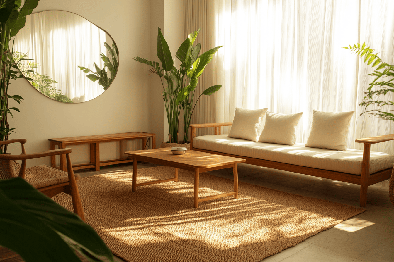 Salon minimaliste Feng Shui avec meubles en bois clair et plantes vertes.