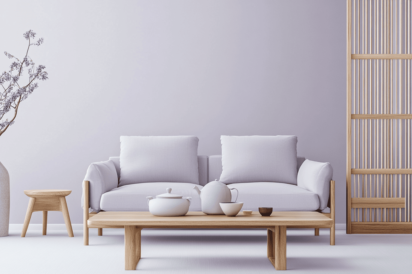 Salon minimaliste aux murs lavande avec mobilier en bois clair et déco épurée.