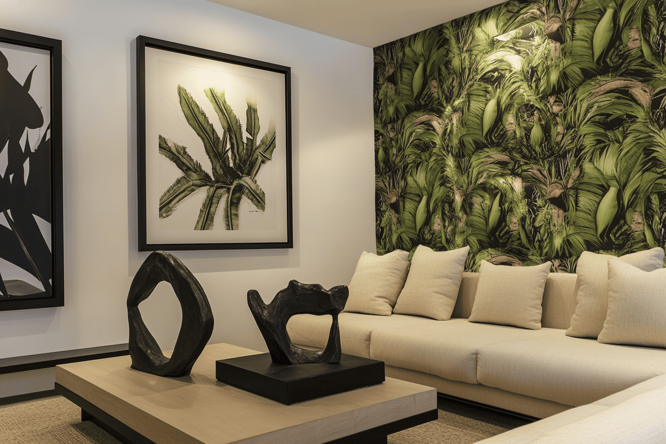 Mur d’accent en papier peint tropical avec cadres déco dans un salon moderne