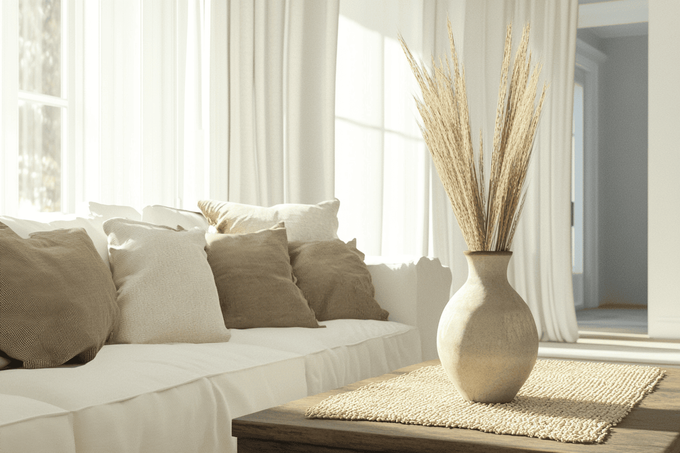 Salon apaisant avec murs blancs, canapé beige et coussins coordonnés