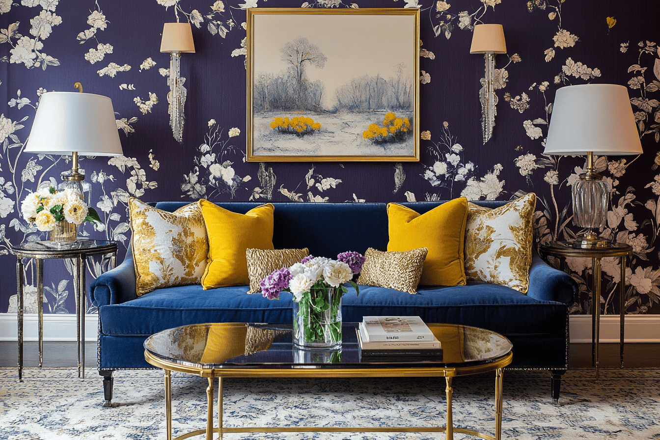 Salon élégant avec papier peint floral violet et coussins jaune moutarde.