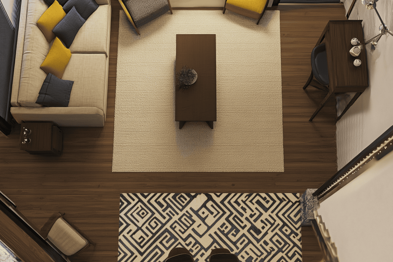 Tapis beige sous le canapé et tapis à motifs sous la table à manger dans un espace coordonné