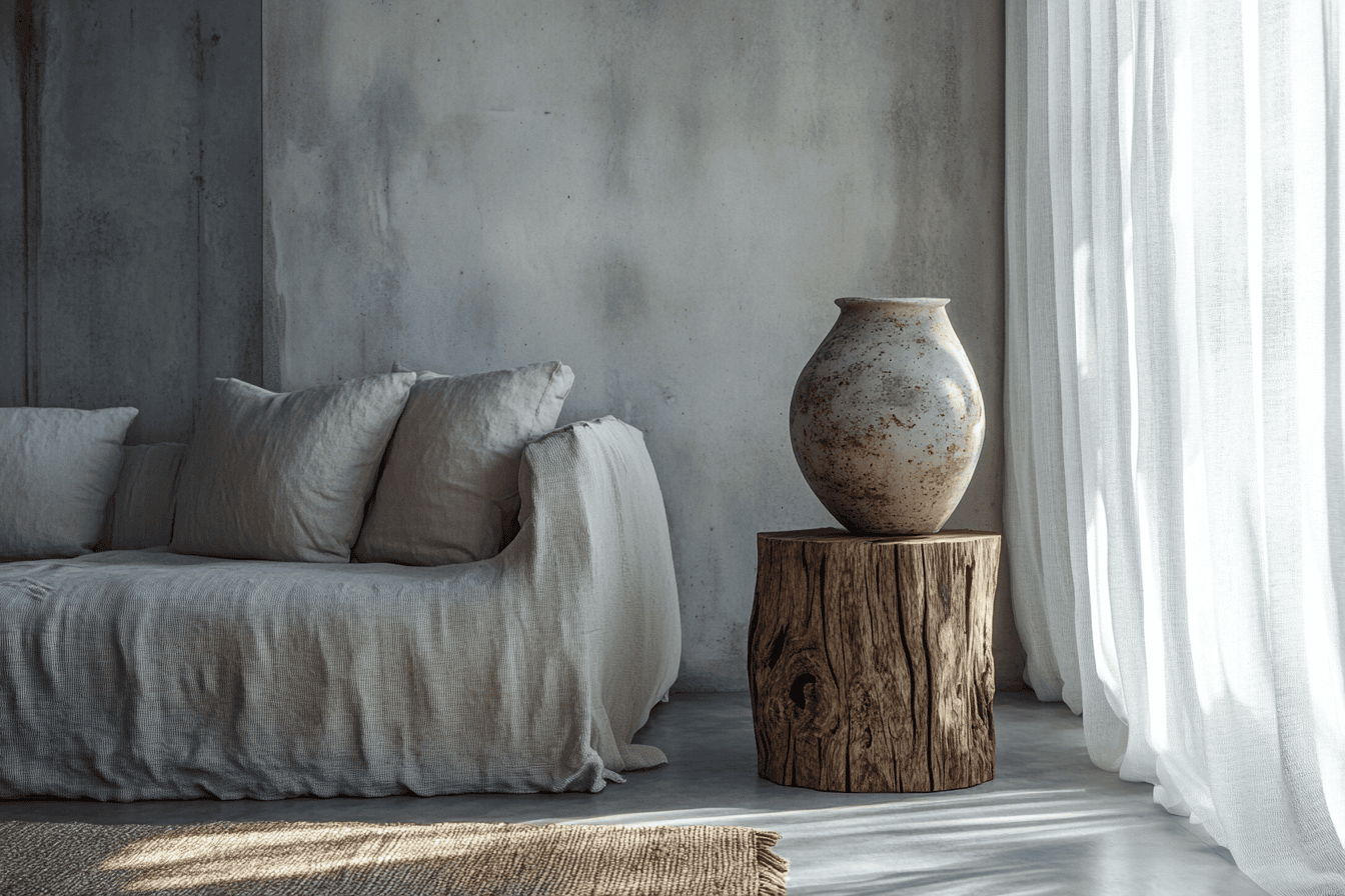 Salon minimaliste Wabi-Sabi avec murs en béton et vase en céramique artisanale