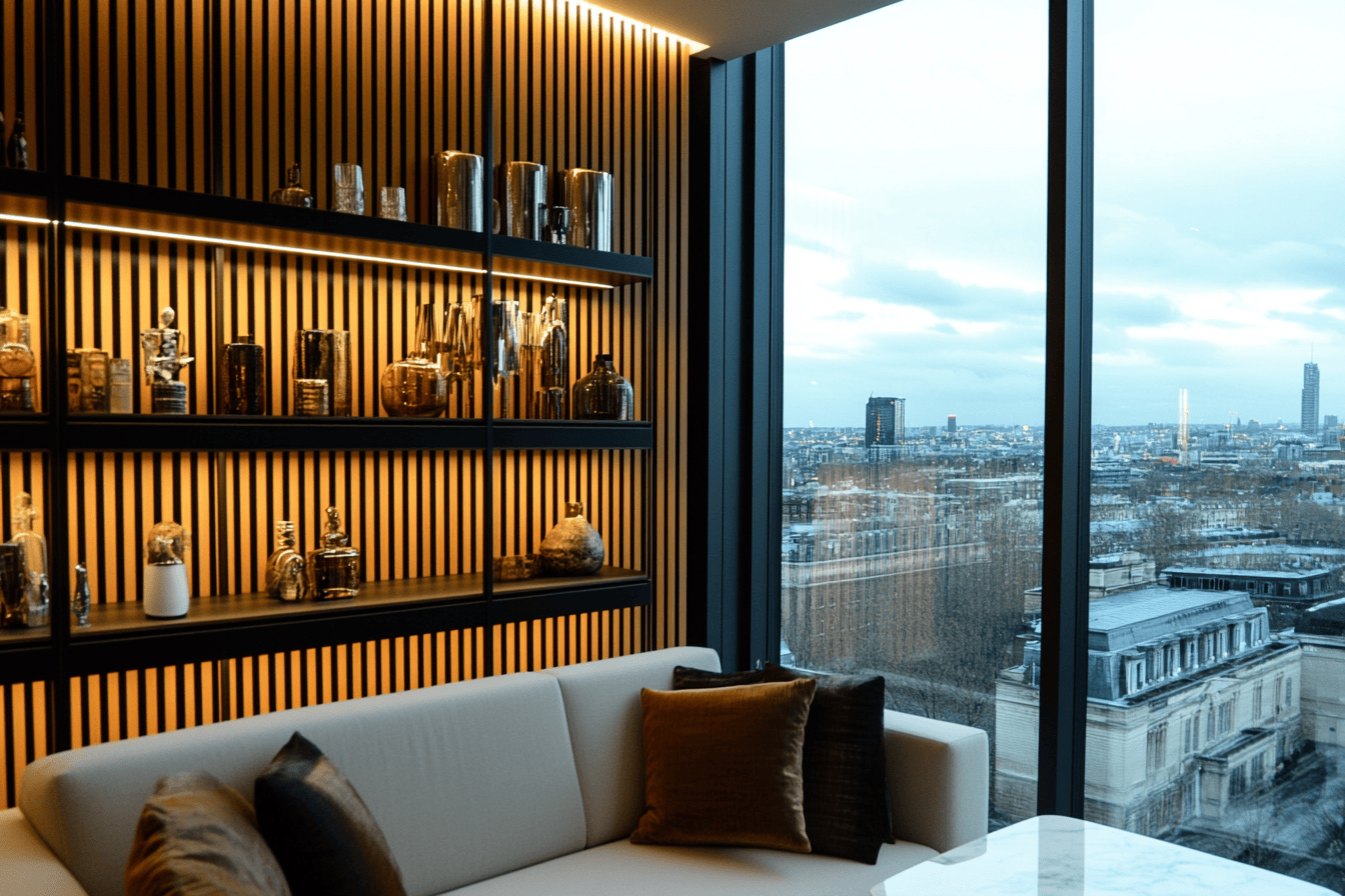 Mur en tasseaux bois, table basse en marbre et étagère métal dans un salon contemporain