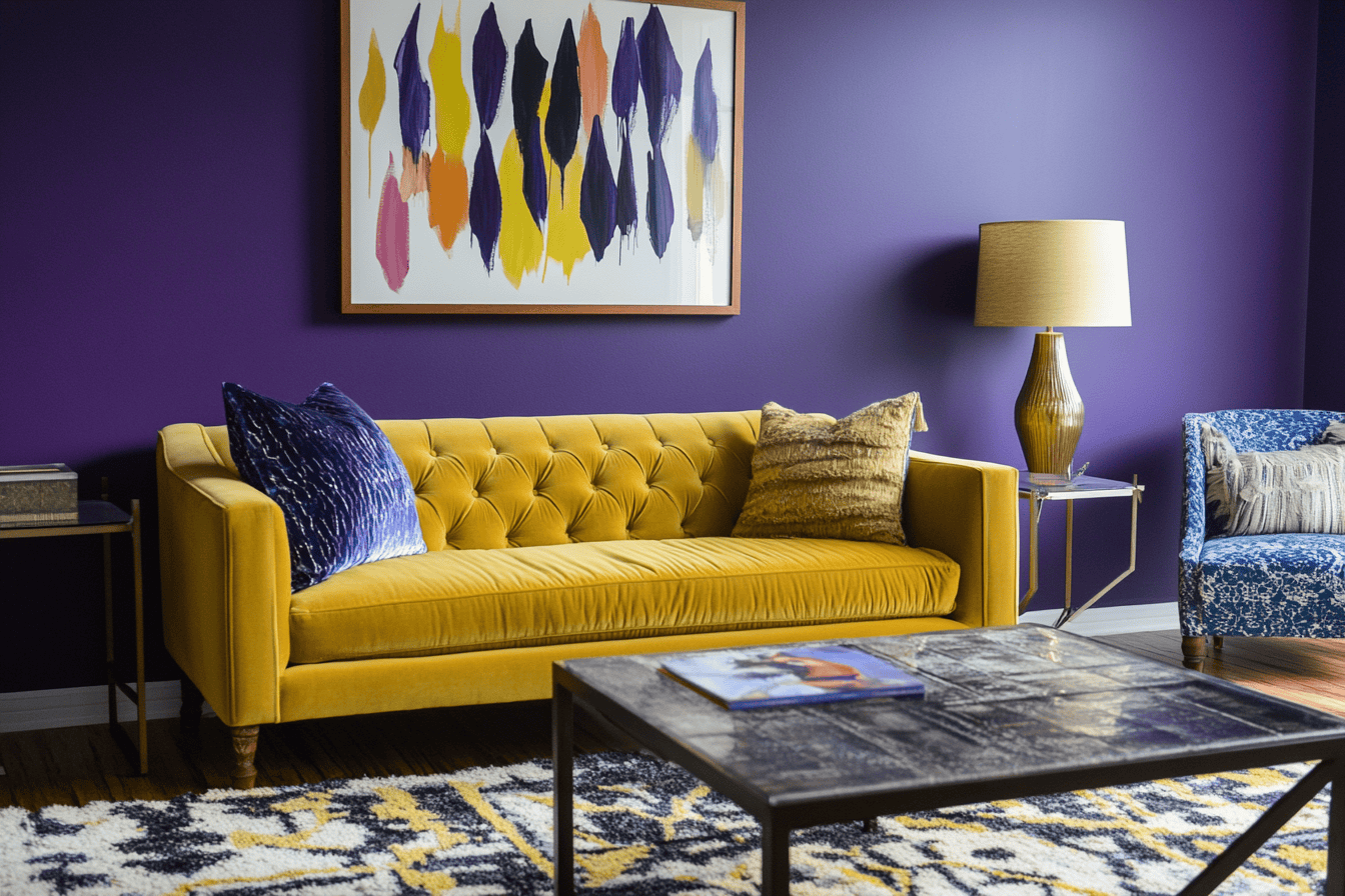 Salon coloré avec murs violets et accents jaune citron et bleu profond.