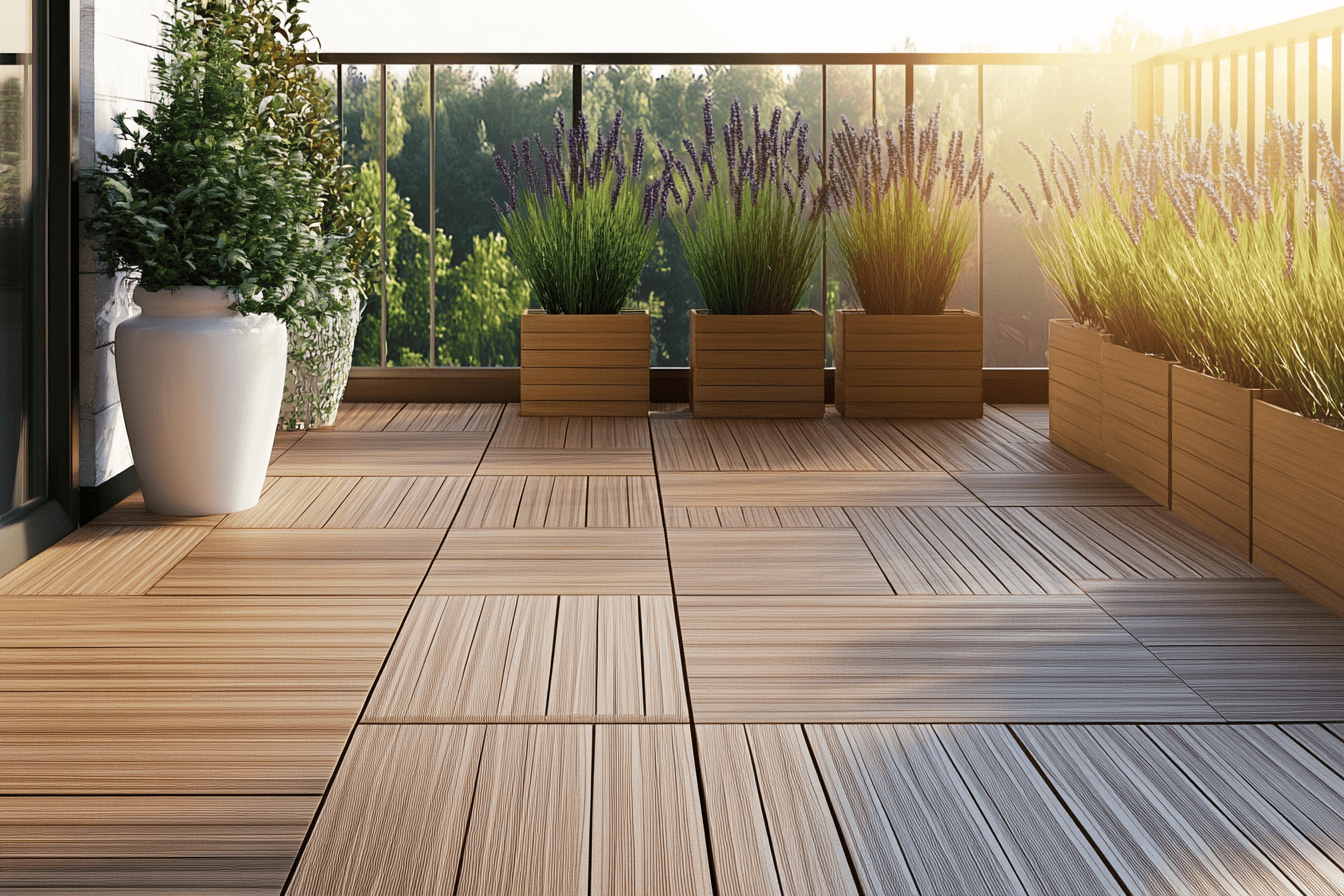 Sol en bois clipsable avec tapis d’extérieur et jardinières assorties