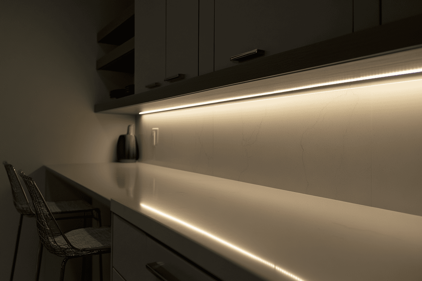 Spots encastrés sous meubles hauts éclairant un plan de travail clair