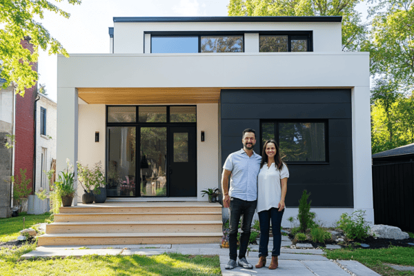 Stéphane Plaza et Sophie Ferjani devant une maison rénovée avec home-staging