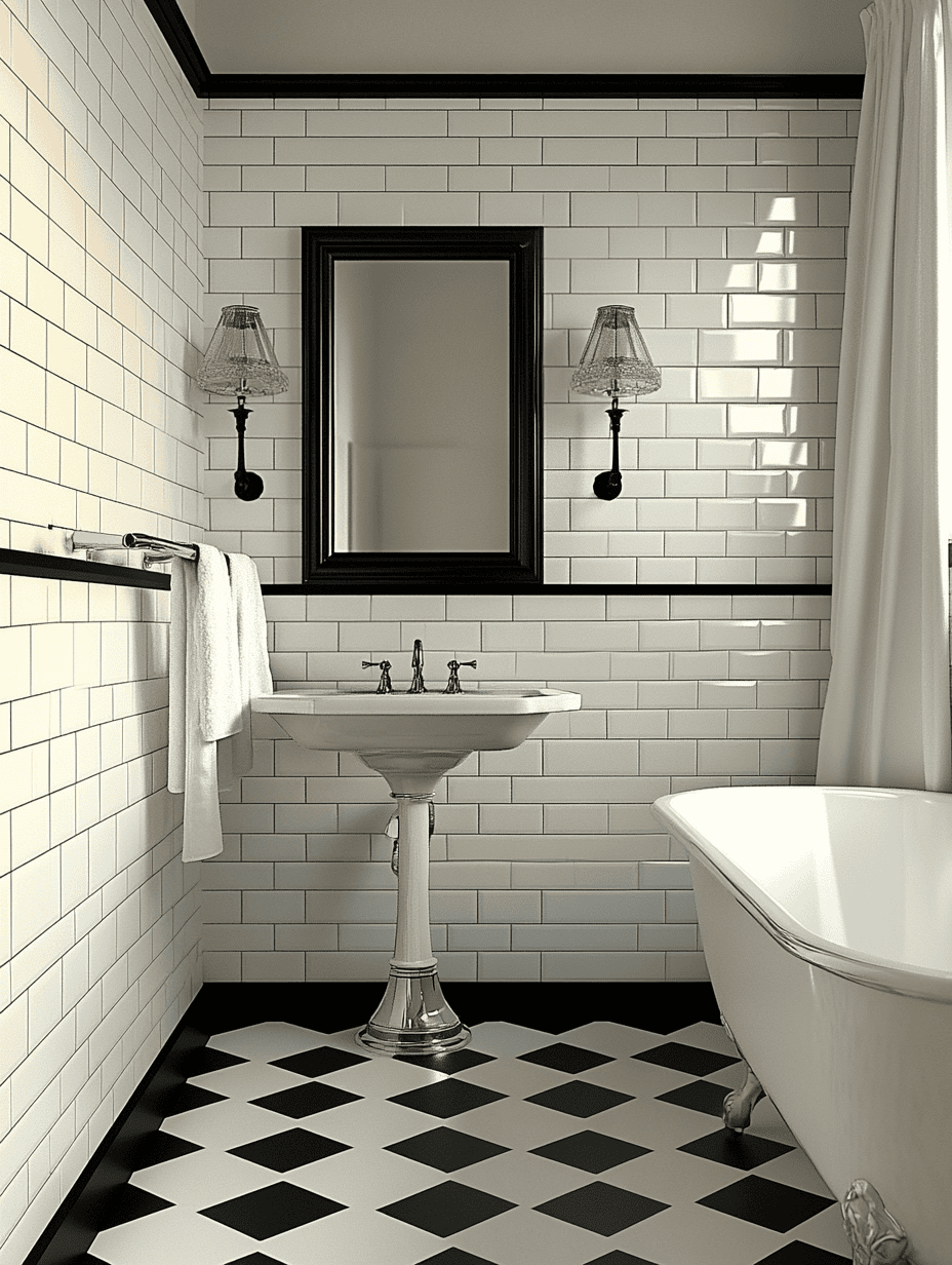 Salle de bain style années 30 avec carrelage damier, robinetterie chromée et éléments géométriques