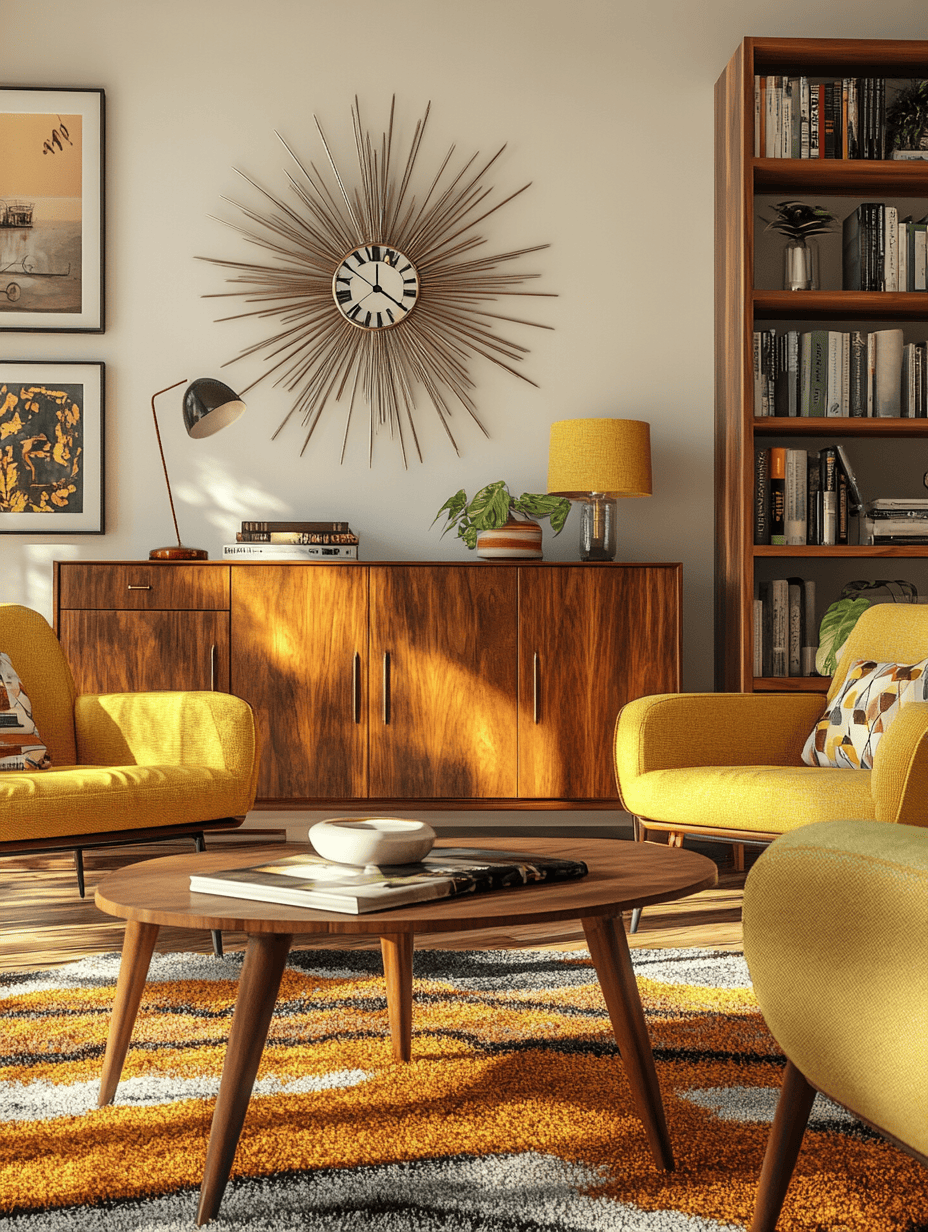 Salon style années 50 avec fauteuils jaunes, meubles en noyer et horloge étoile