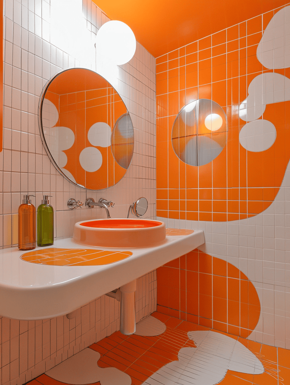 Salle de bain style années 60 avec carrelage orange, miroir rond et détails vintage