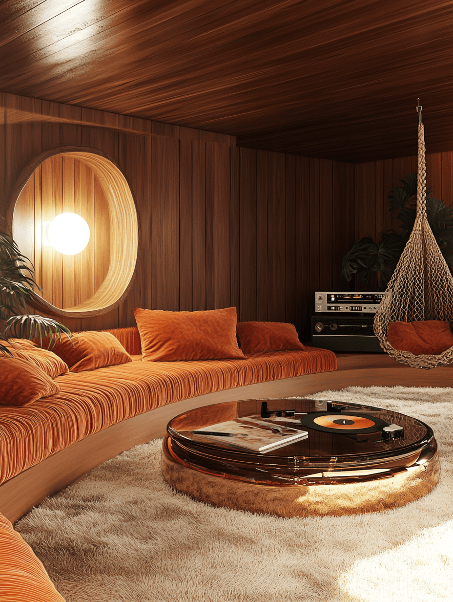 Salon style années 70 avec assises en velours côtelé, bois sombre et déco rétro chaleureuse