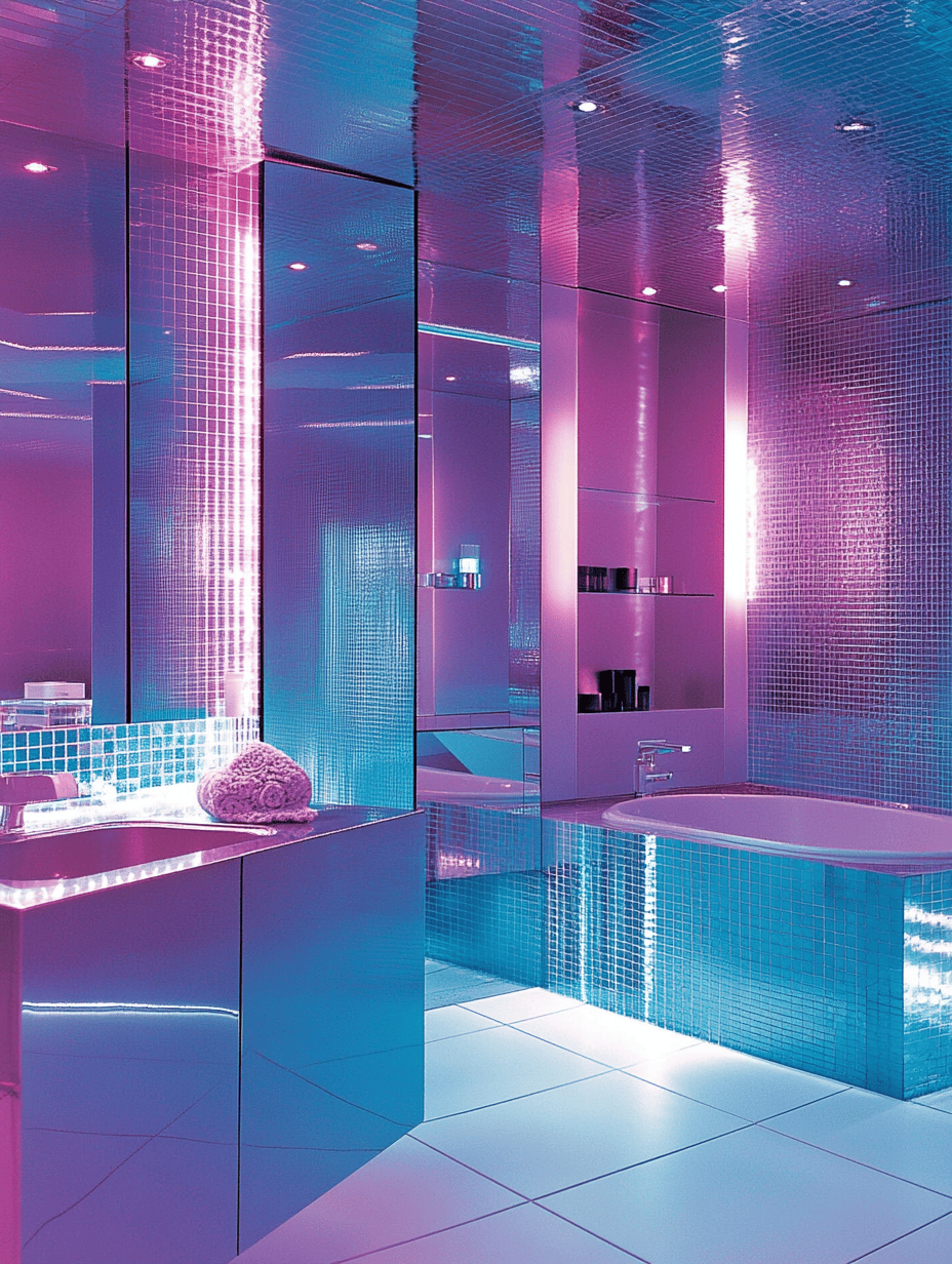 Salle de bain style années 80 avec miroirs, carrelage turquoise et détails chromés