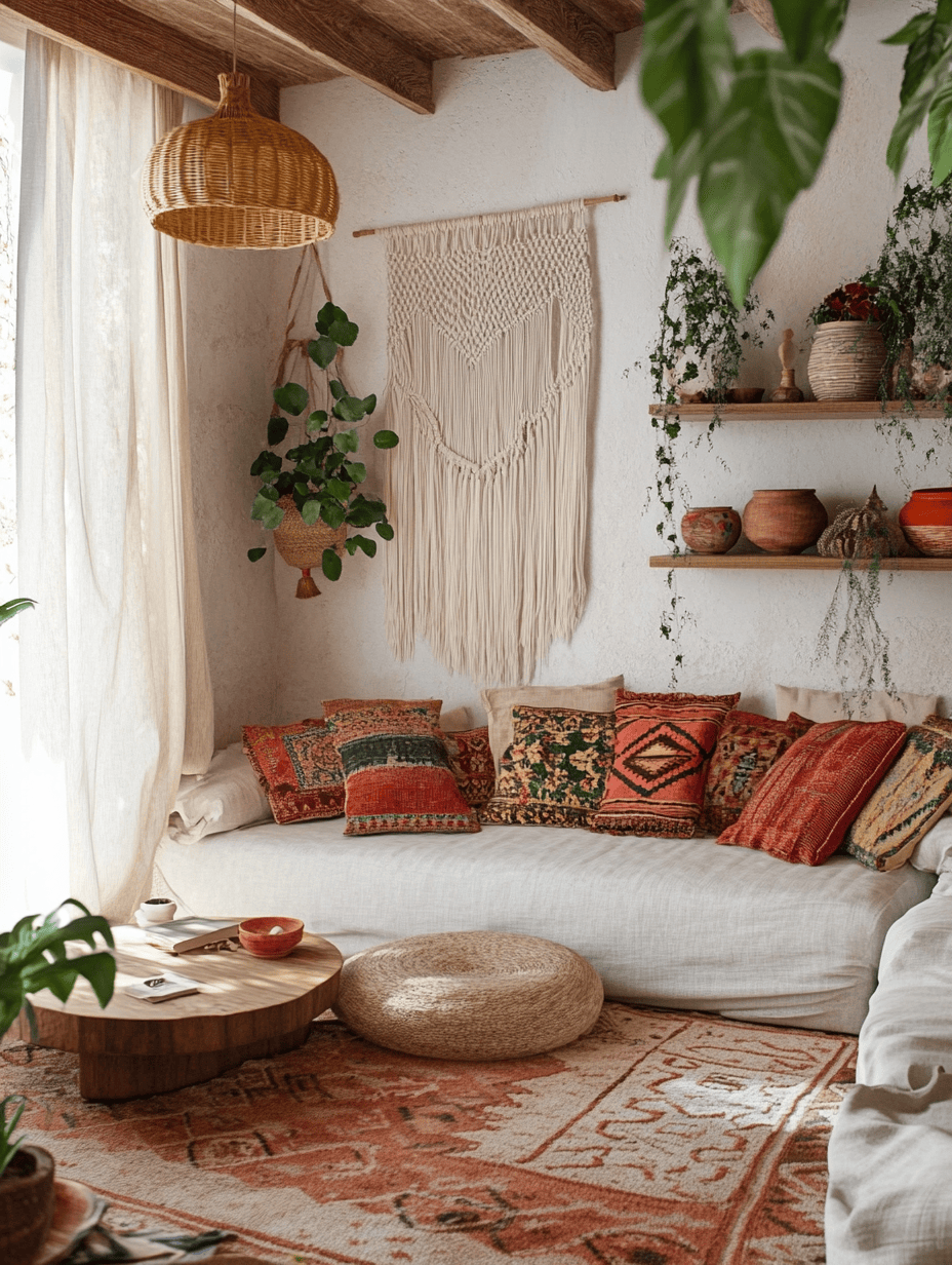 Salon style bohème avec coussins ethniques, fibres naturelles et lumière douce