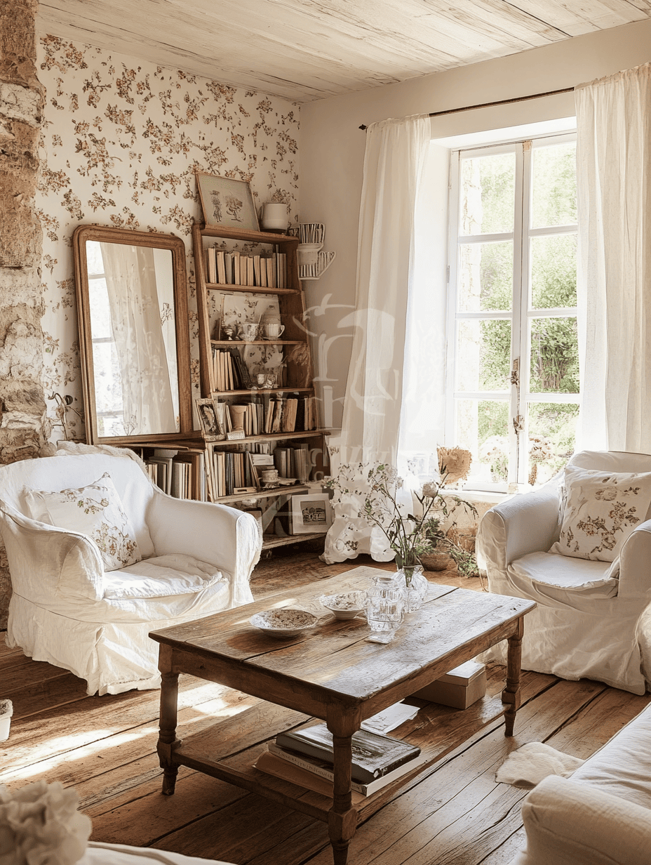 Salon style brocante avec meubles anciens, objets chinés et ambiance chaleureuse et poétique