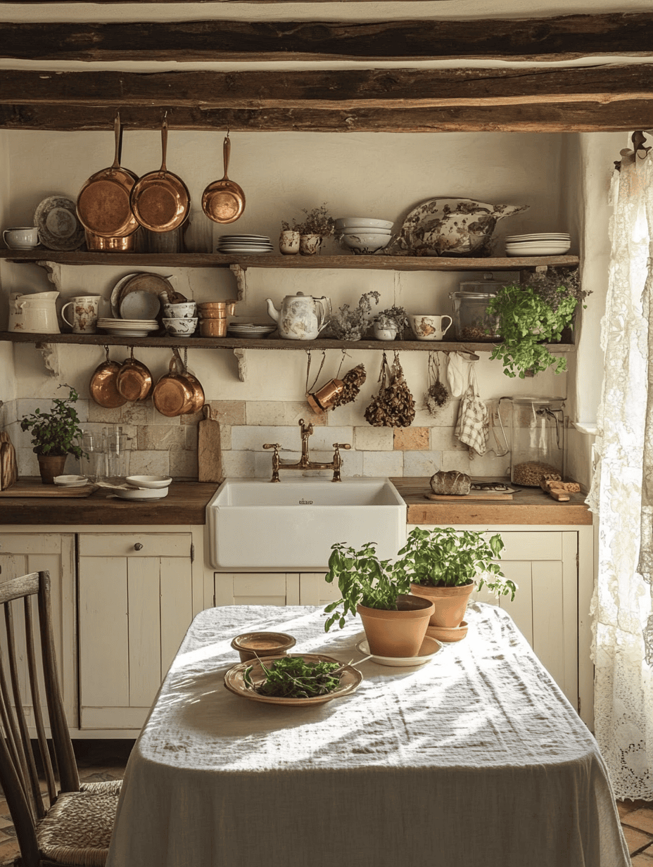 Cuisine style campagne avec poutres apparentes, vaisselle ancienne et ambiance chaleureuse