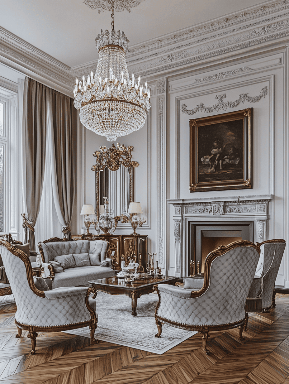 Salon style classique avec boiseries blanches, fauteuils d’époque et cheminée en marbre