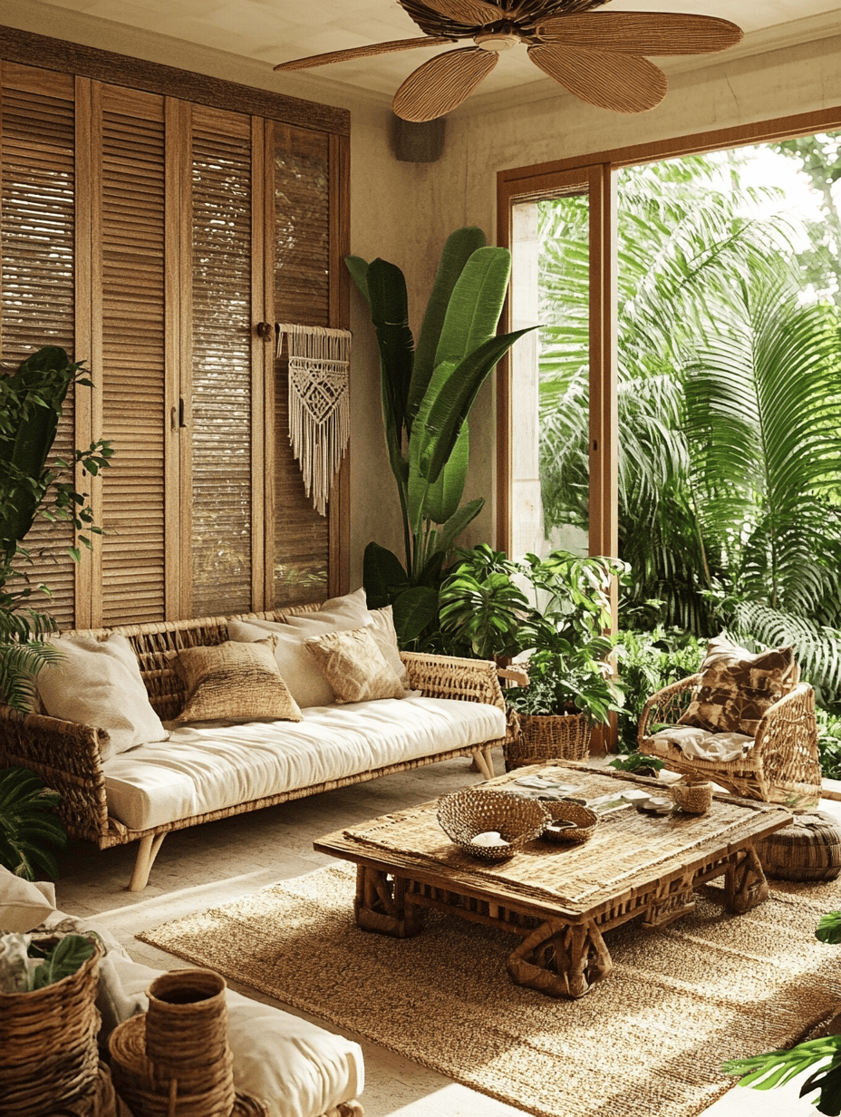 Salon style exotique avec meubles en bambou, plantes tropicales et décoration naturelle