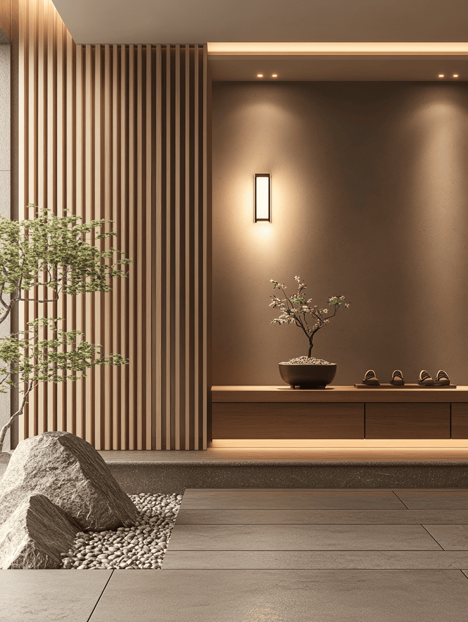 Entrée style japonais avec plateforme en bois, sol en pierre et rangement intégré discret
