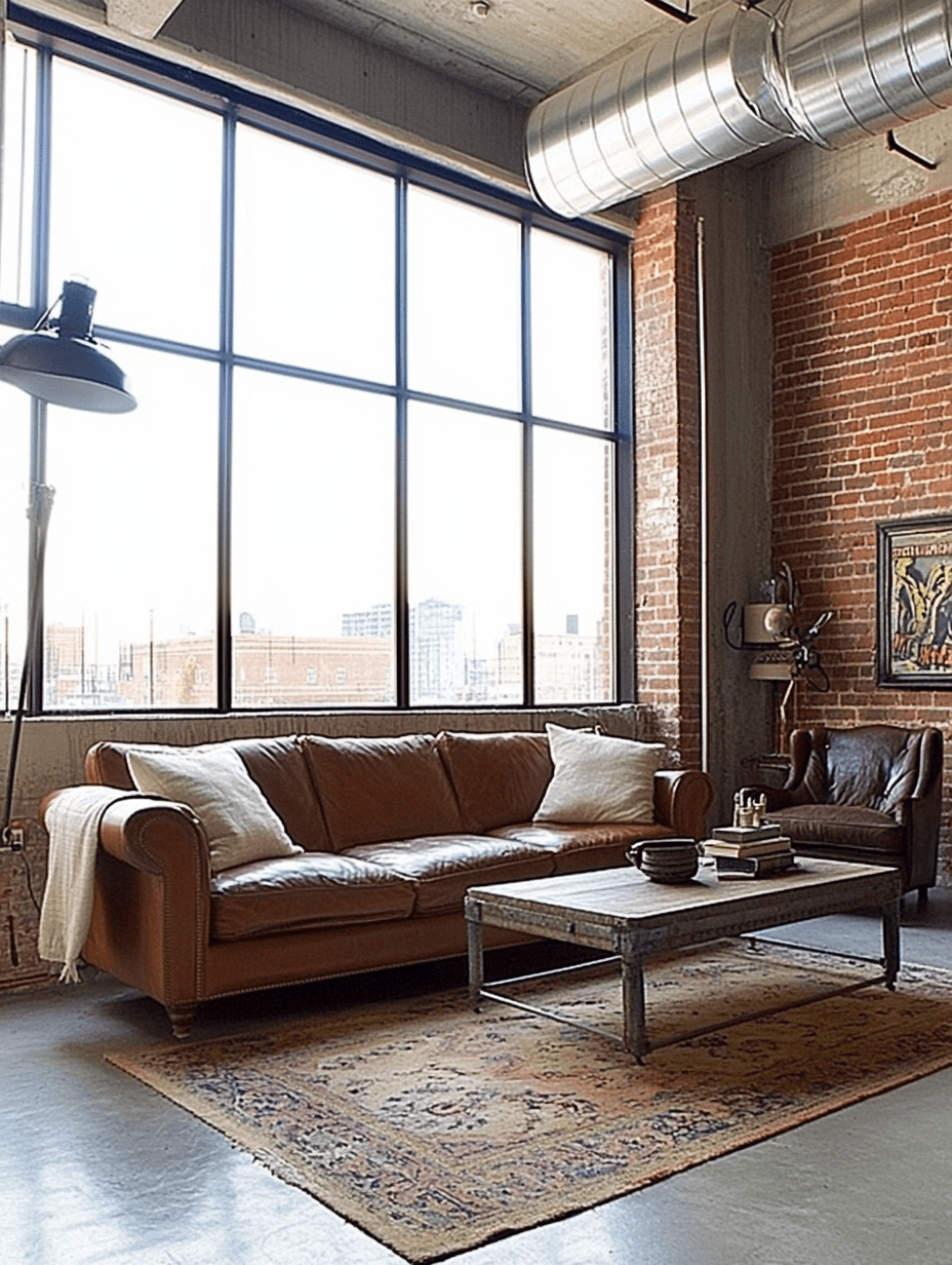 Salon style loft avec mur en briques rouges, canapé en cuir et verrière métallique