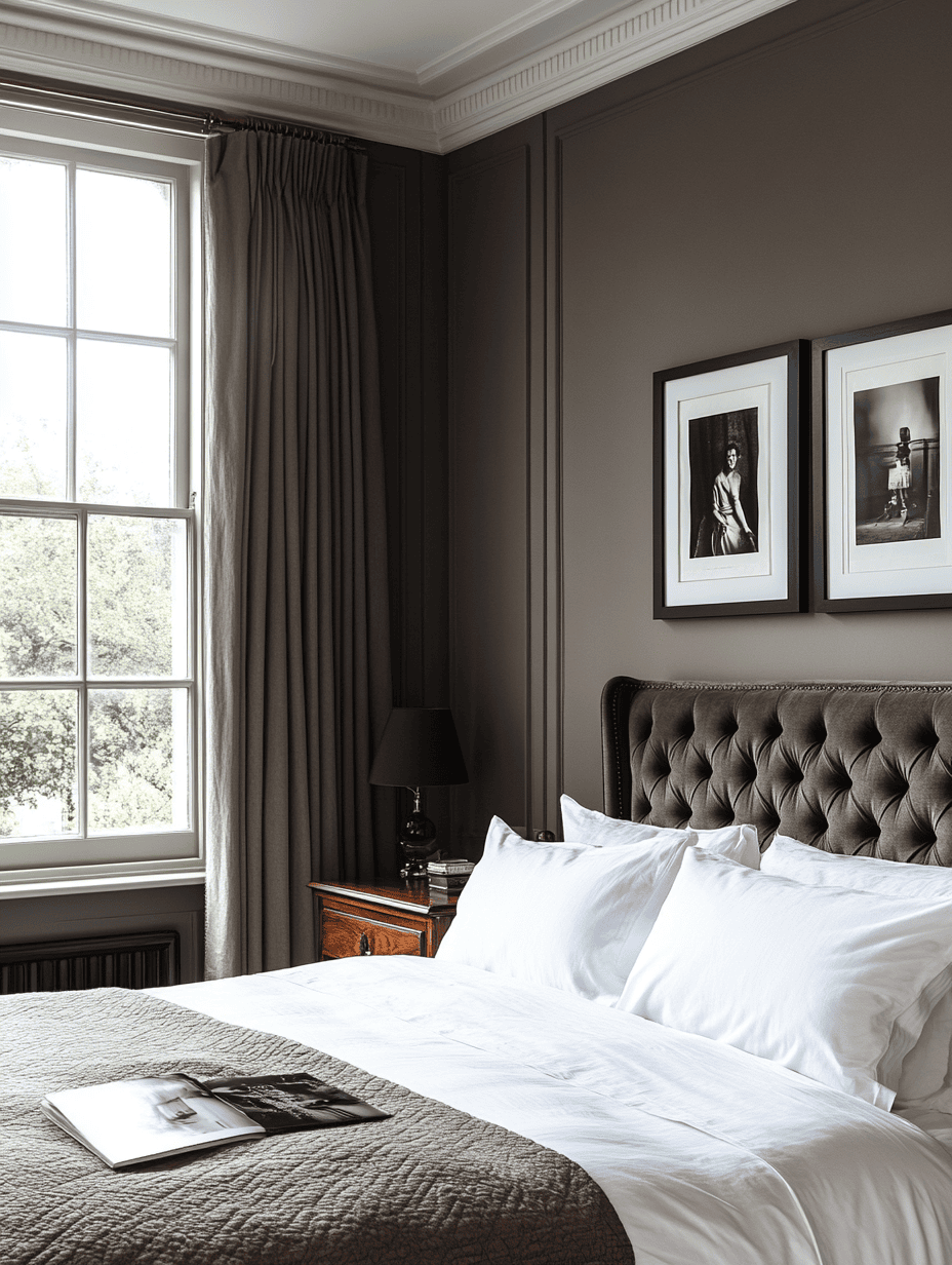 Chambre style londonien avec tête de lit en velours, murs taupe et ambiance feutrée