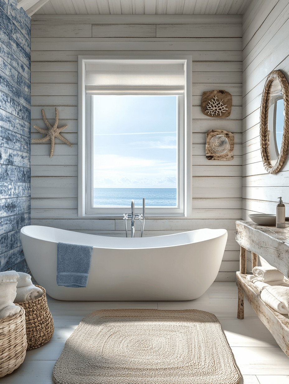 Salle de bain style marin avec vue sur mer, bois blanchi et décoration nautique