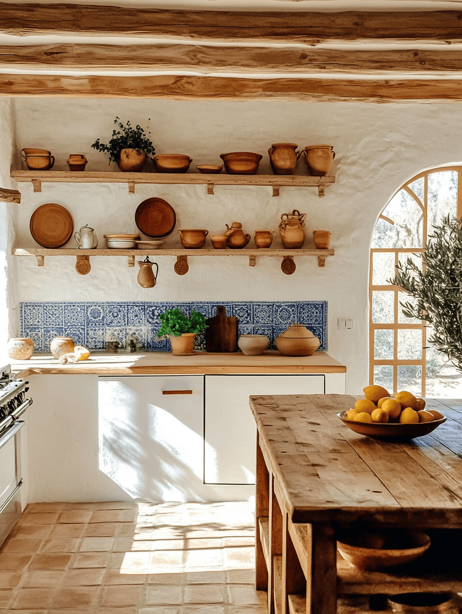 Cuisine style méditerranéen avec carreaux bleus, murs en stuc et lumière naturelle