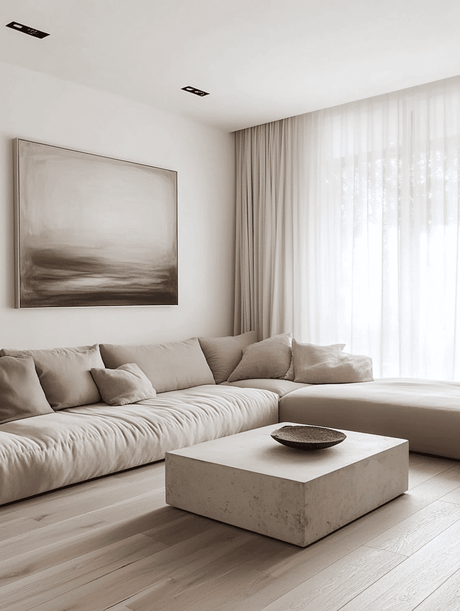 Salon style minimaliste avec canapé bas, bois clair et lumière naturelle apaisante