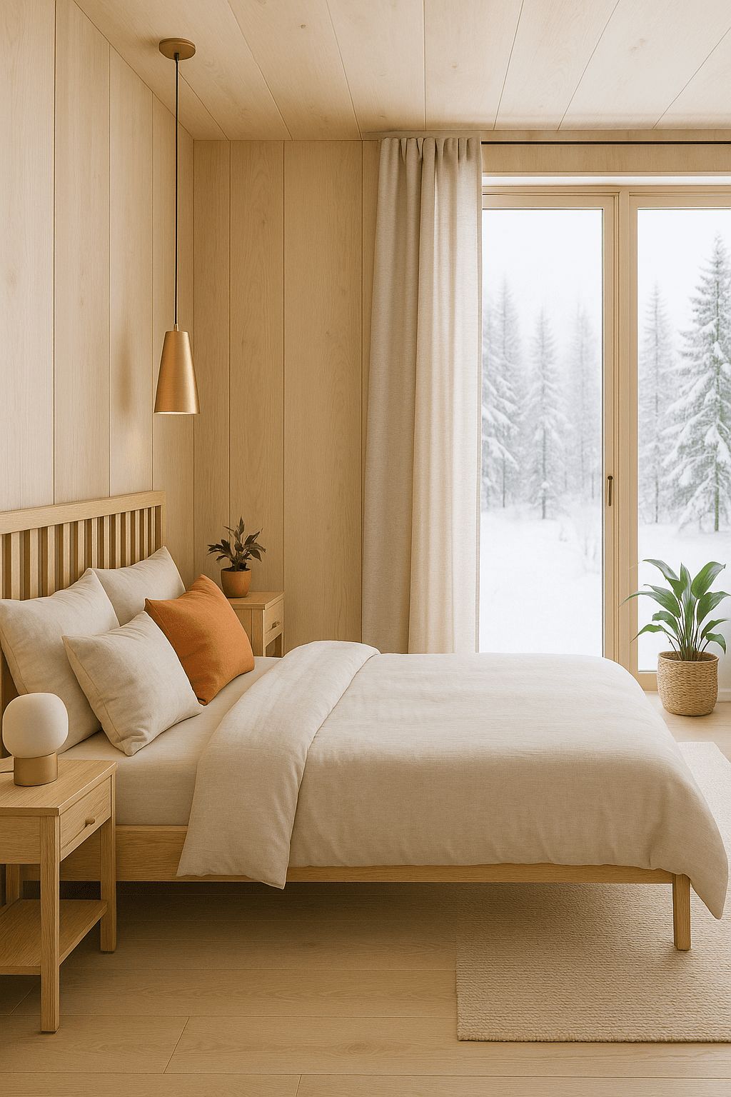 Chambre avec style nordique et lit en bois