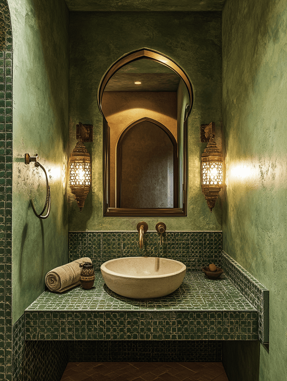 Salle de bain style oriental avec zellige vert, tadelakt beige et détails en laiton